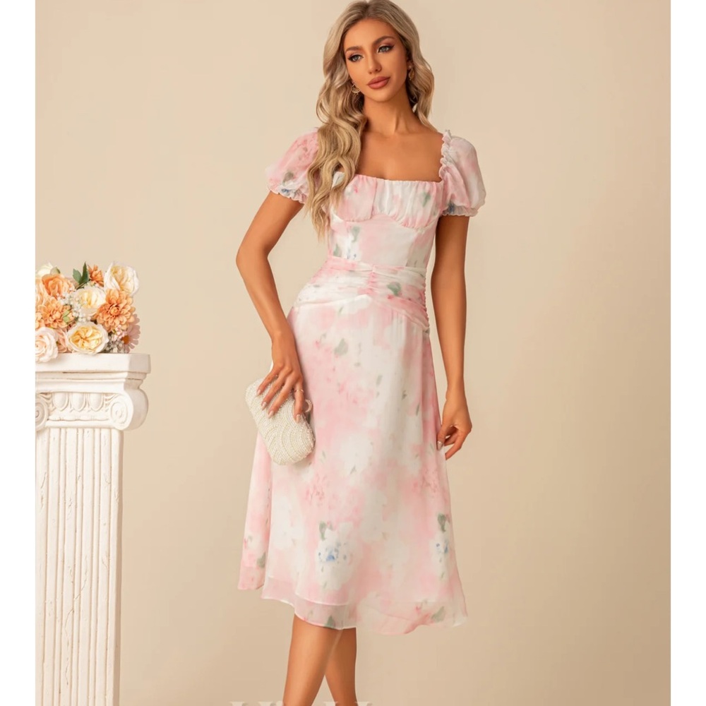Floral Print Square A-line Chiffon Midi Dresses NWOT